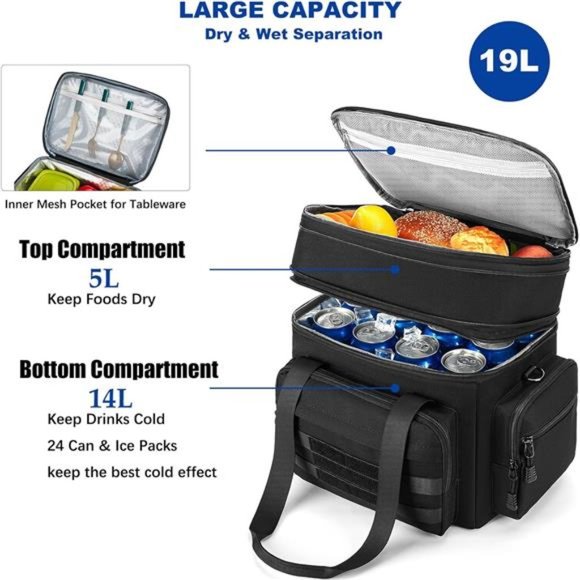 Expandable Tactical Lunch Box for Men, Large Insulated Lunch Bag (Black, 19L) - Picture 6 of 7